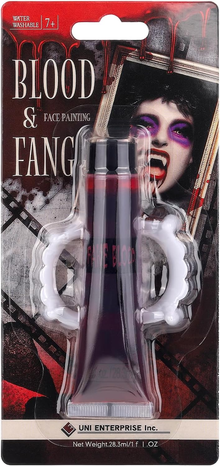 Fake Blood + Vampire Teeth Halloween Makeup Set, 1 OZ Washable Bright Fake Blood, Halloween White Teeth Fangs Teeth for Halloween Cosplay Party Favors