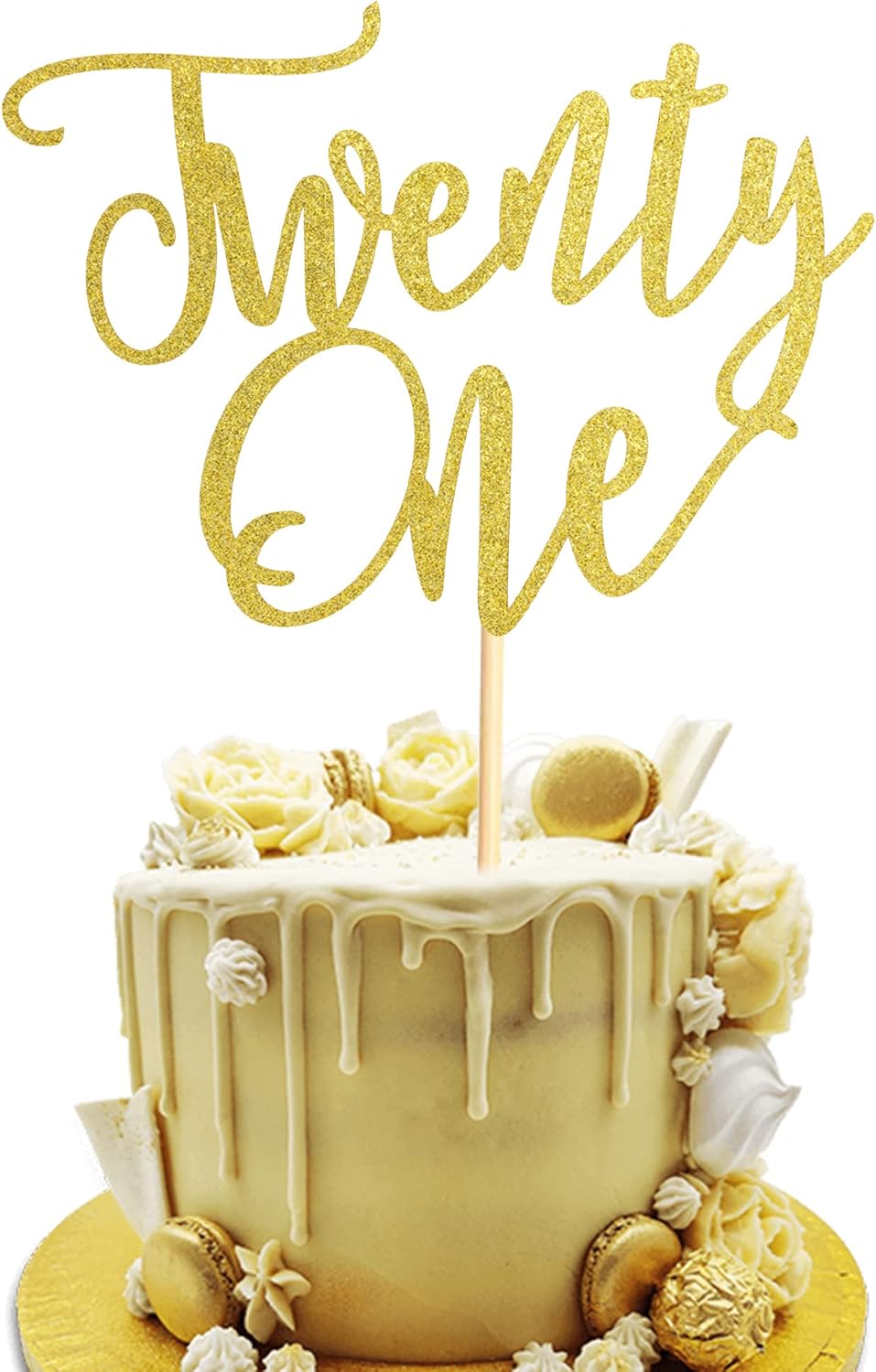 1Pc Twenty One Cake Topper - 21st Happy Birthday Cake Decorations, 21 Birthday Party Decor, Wedding Anniversary Party Decorations - Gold Glitter