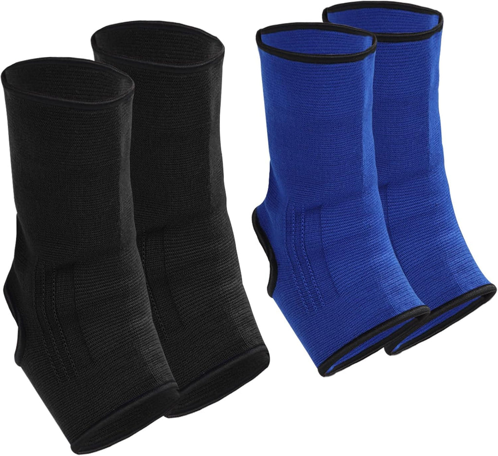 Geyoga 2 Pairs Muay Thai Ankle Support Compression Ankle Sleeve Boxing Foot Braces for Men Breathable Women Foot Wraps Support for Martial Arts Kickboxing Gym Running, L Size(Black, Blue)