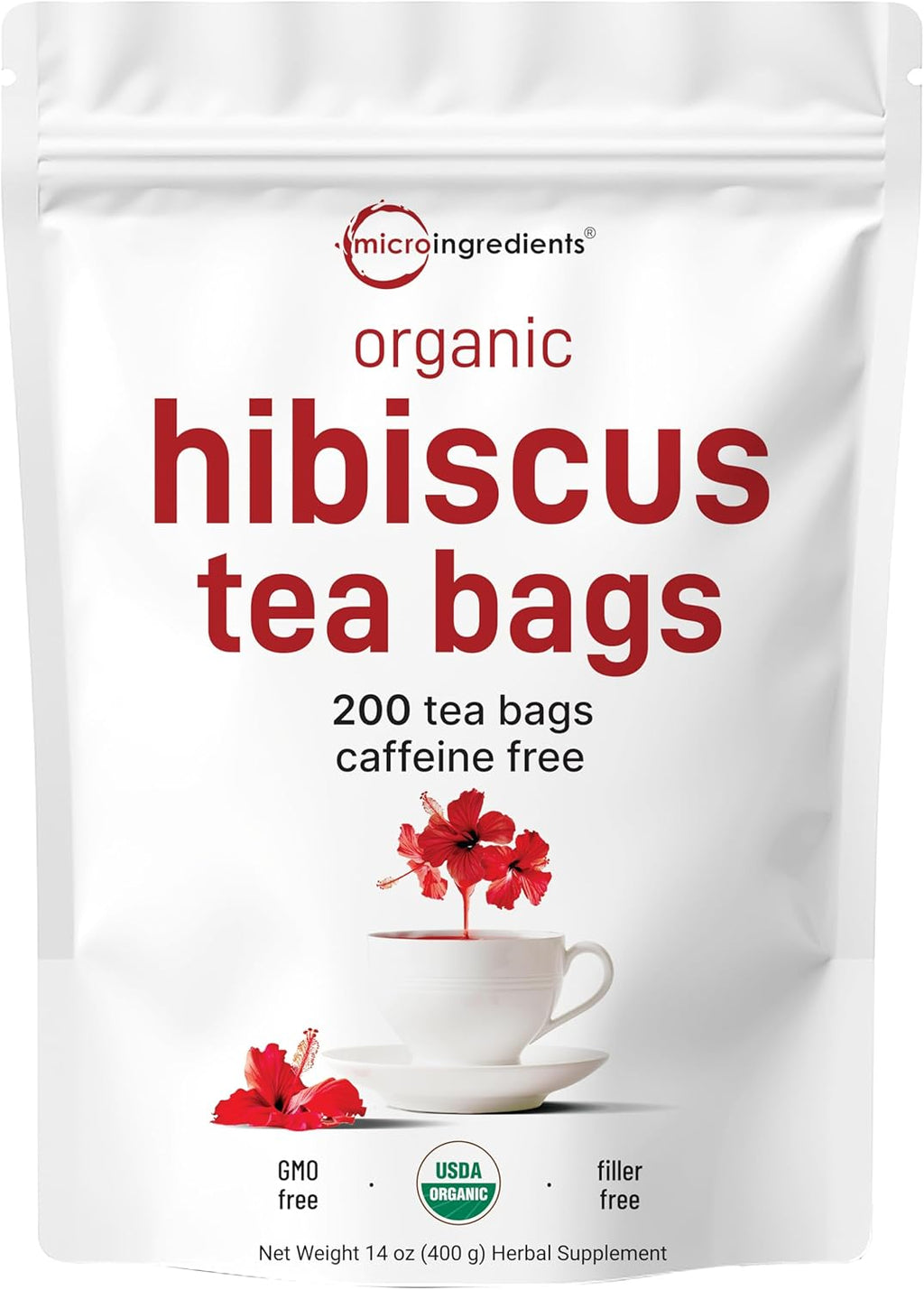 Organic Hibiscus Tea Bags, 200 Count | Premium Source from Hibiscus Flowers | Caffeine Free Herbal Tea | Eco-Friendly Hemp Paper Tea Bags | Non-GMO, No Sugar
