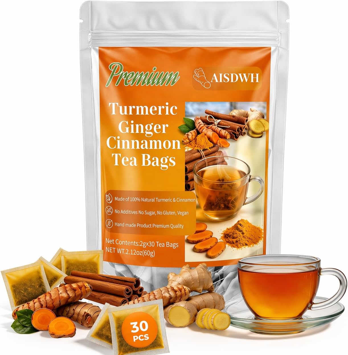 30 Turmeric Ginger Cinnamon Tea Bags, 100% Natural Ingredients Herbal Tea, Turmeric Ginger Herbal Blend for Wellness & Digestive Support, Vegan, No Sugar, Caffeine-Free, Smooth & Warming Taste