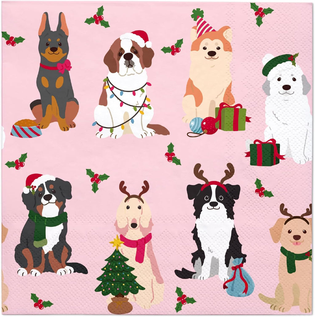 WRAPAHOLIC 50Pcs Christmas Paper Napkins - 3 Ply Christmas Puppy Disposable Luncheon Napkin for Christmas Party Supplies Tableware, Xmas Holiday - 6. 5 x 6.5 In