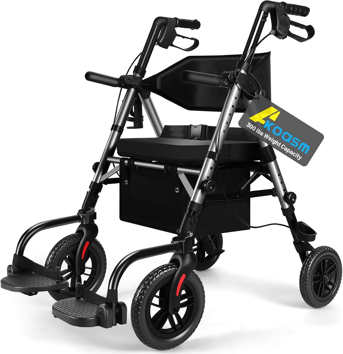 Foldable Rollator Walkers for Seniors with Seat, Lightweight 2 in 1 Rolling Walker Wheelchair Combo for Adult, Transport Chair with Brakes, Adjustable Seat and Handle, 300 Lb. Weight Capacity, Grey