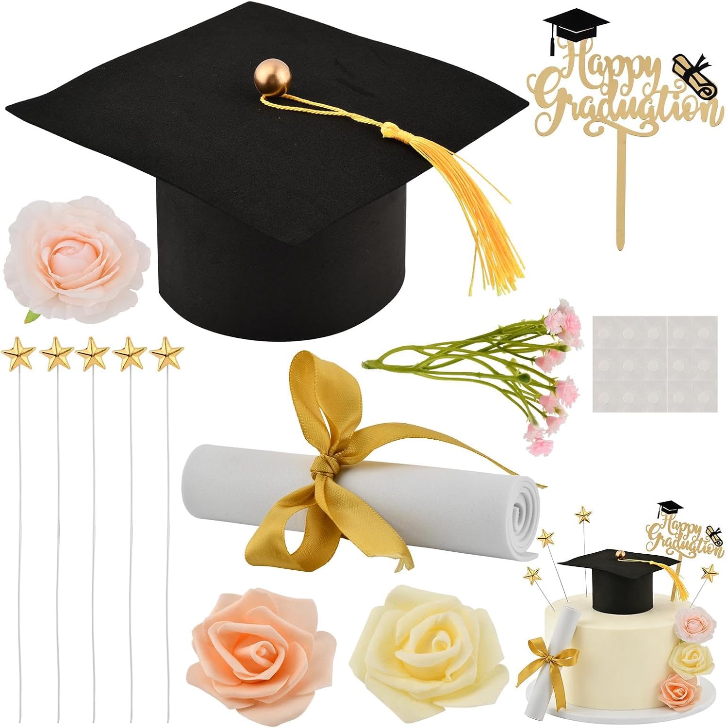 12PCS Graduation Cake Topper Set, Class of 2026 Grad Cap & Diploma Decor Kit with Flowers, Star Picks & "Happy Graduation" Sign fits 6-10 Inch Cakes, Decorations for Grad Party
