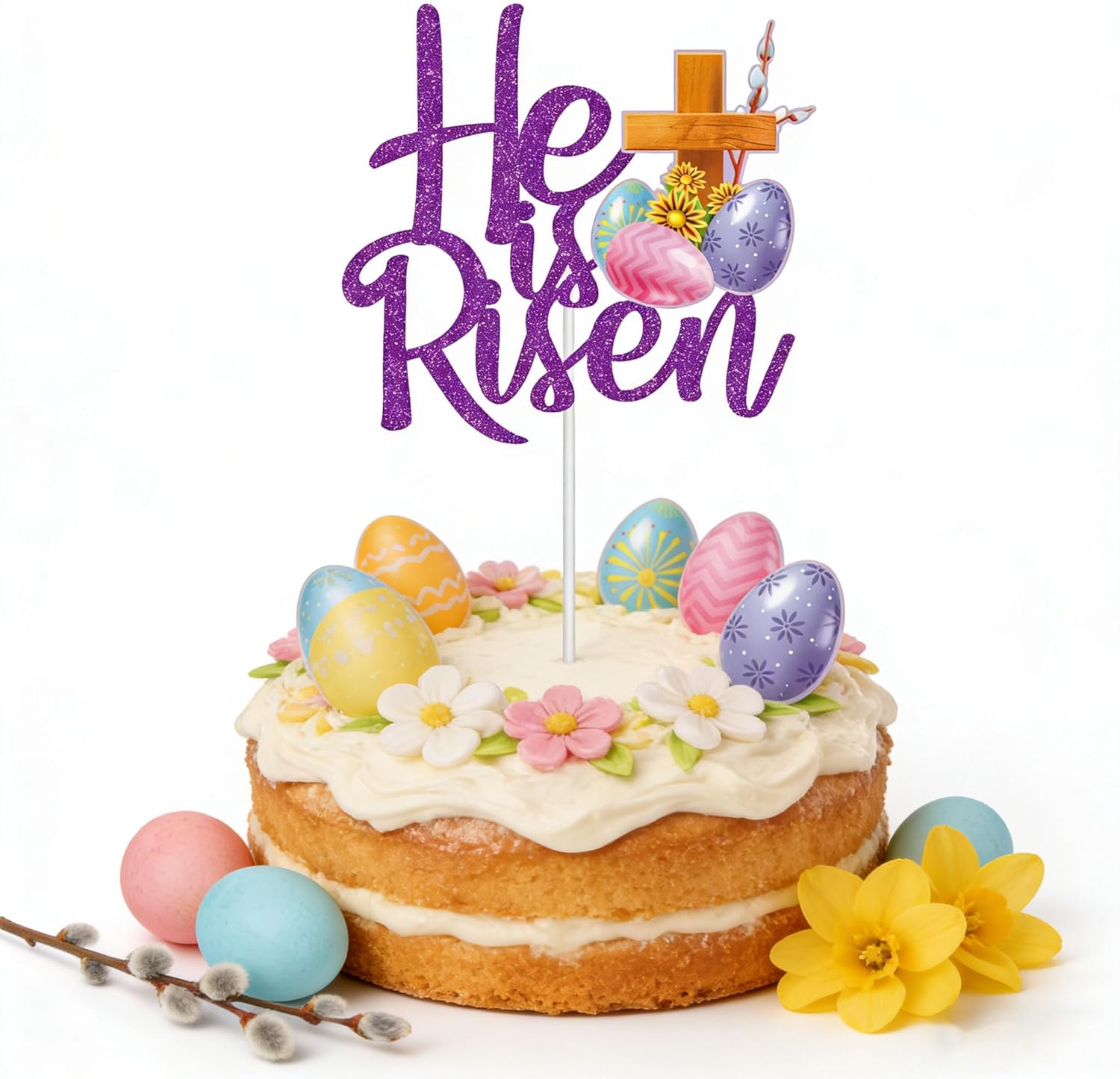 Glitter He is Risen Cake Topper Easter Egg Cake Topper for Birthday and Easter Party Decorations Baking Supplies