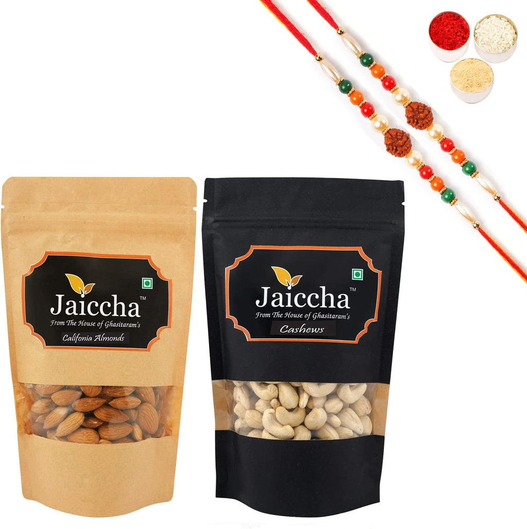 Jaiccha Ghasitaram Rakhi Gifts for Brothers Rakhi Dryfruits - Almonds 100 GMS and Cashew 100 GMS Pouches with 2 Rudraksh Rakhis