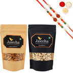 Jaiccha Ghasitaram Rakhi Gifts for Brothers Rakhi Dryfruits - Almonds 100 GMS and Cashew 100 GMS Pouches with 2 Rudraksh Rakhis