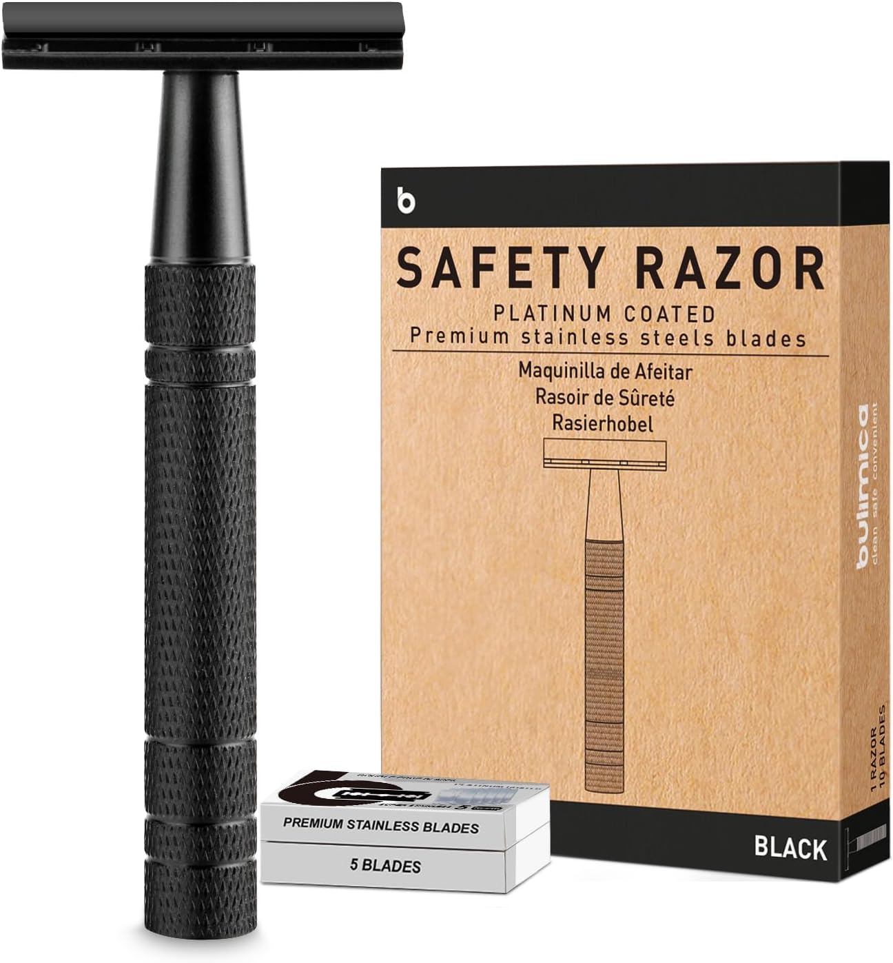Matte Black Safety Razor, Single Blade Razors for Men, with 10 Stainless Steel Double Edge Blades, Reusable Metal 1 Blade Razor, Eco-Friendly, Smooth and Close Shave, Sustainable, Plastic Free