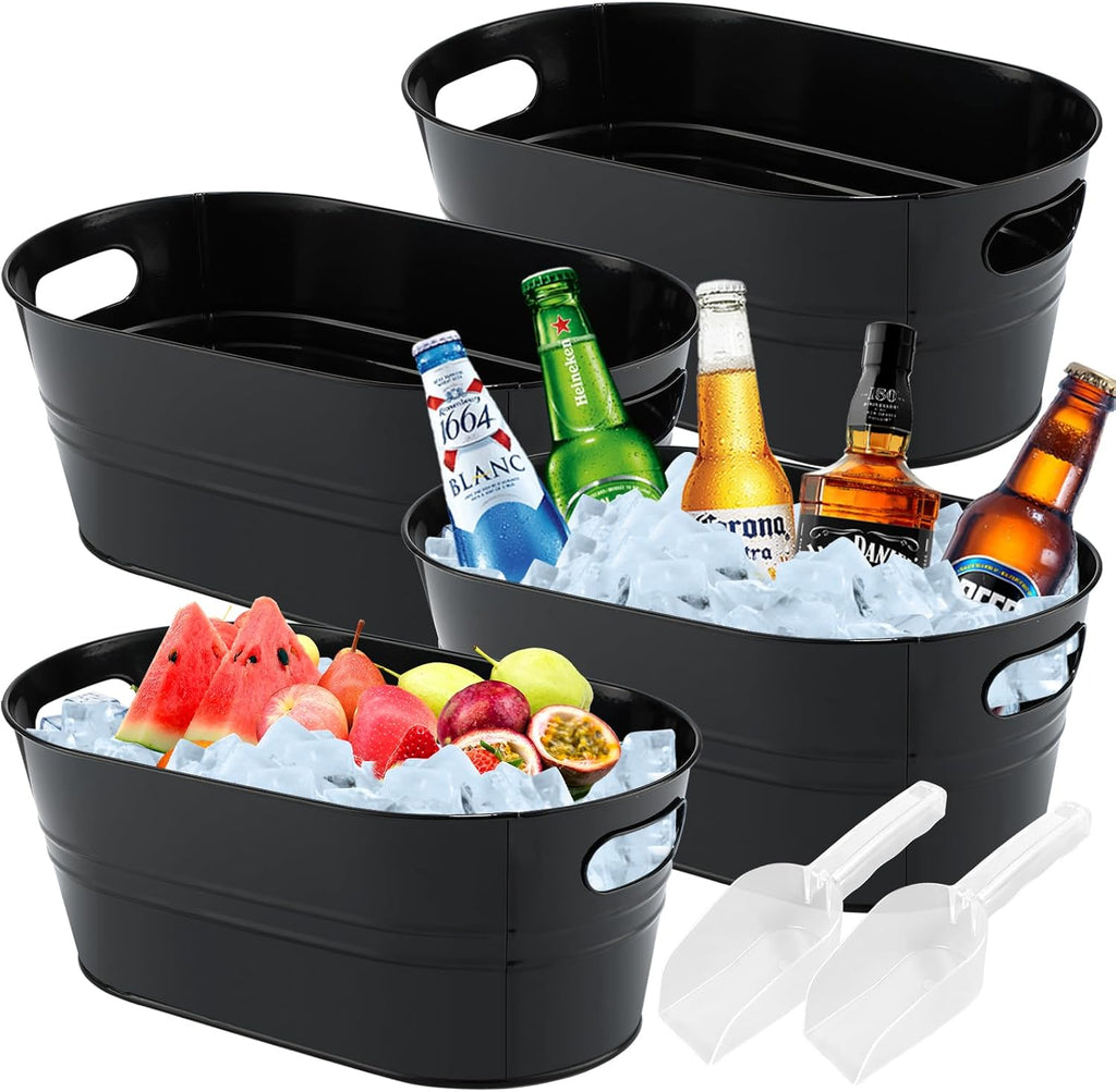 4Pcs 3 Gallon Black Galvanized Bucket Ice Bucket Large Metal Drink Buckets for Parties Beer Beverage Tub with Scoops for Champagne Cocktails Wine Cooling for Mimosa Bar Supplies