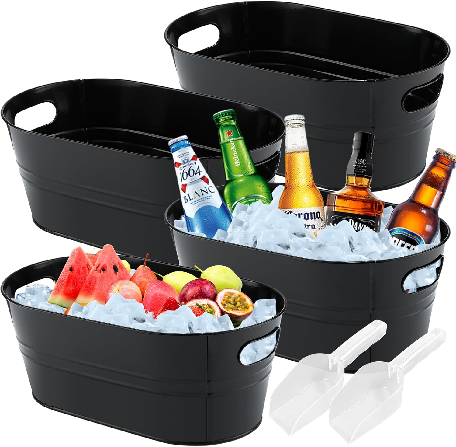 4Pcs 3 Gallon Black Galvanized Bucket Ice Bucket Large Metal Drink Buckets for Parties Beer Beverage Tub with Scoops for Champagne Cocktails Wine Cooling for Mimosa Bar Supplies