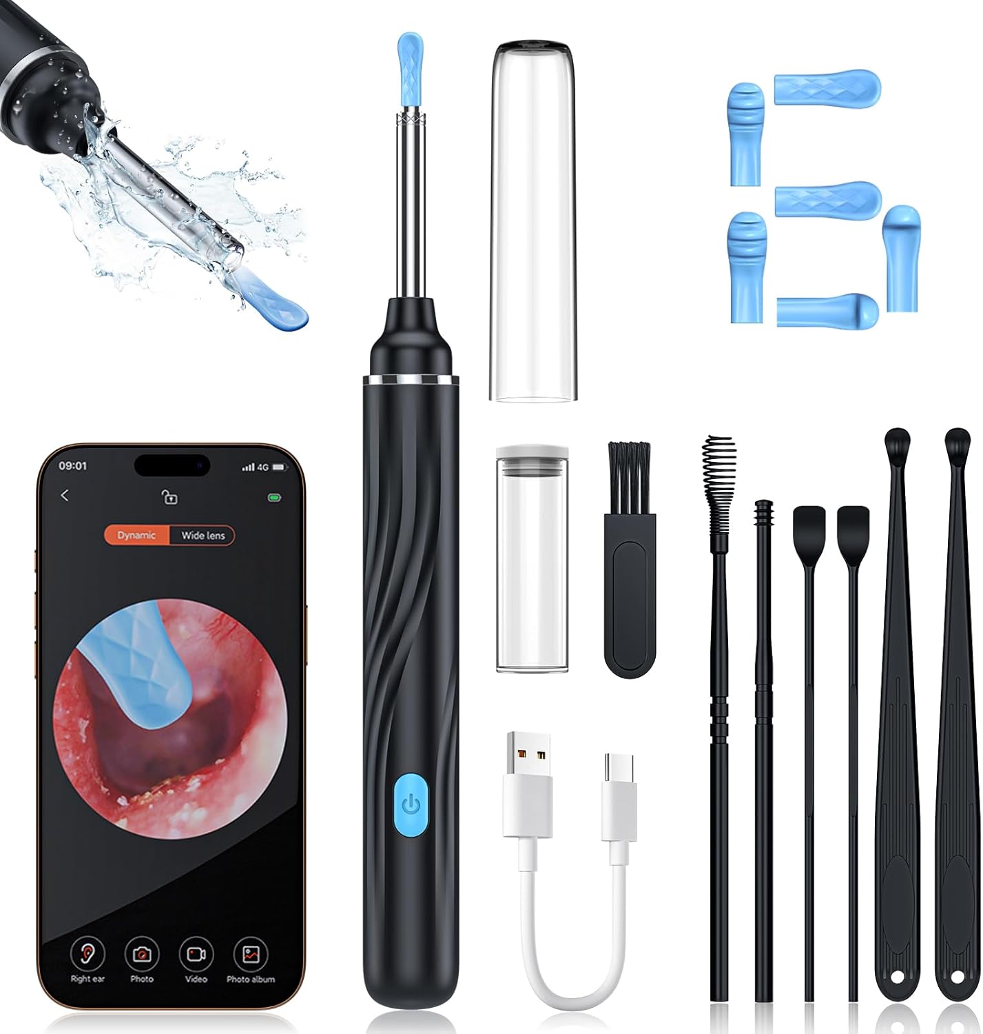Tomaje Ear Wax Removal Tool Camera, Ear Cleaner with Camera, Ear Wax Removal Kit, 1080P HD Ear Camera, Earwax Removal Kit with Camera and 6 LED Light, 6 Ear Pick & Ear Set for iOS & Android, Black
