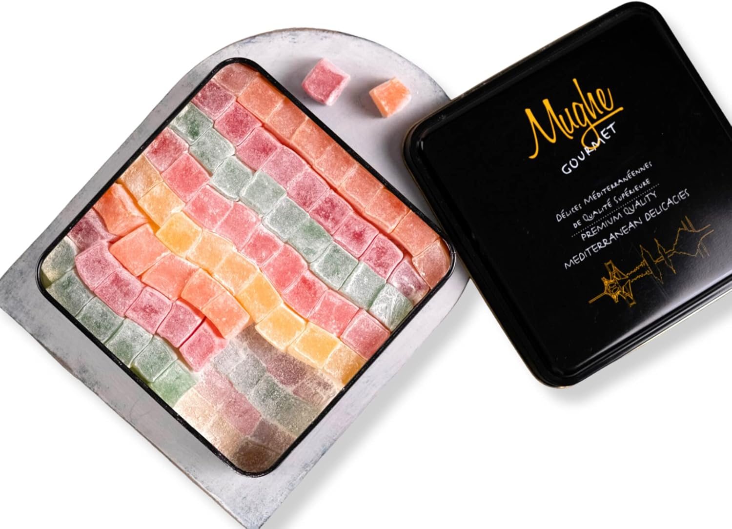 Mughe Gourmet Turkish Delight Candy Elegant Tin Box - 2.87lb/1300g - Halal, Vegan Lokum Fruit Flavors Rose, Strawberry, Lemon, Orange, Mint - Gift for Special Occasions, Halloween, Christmas