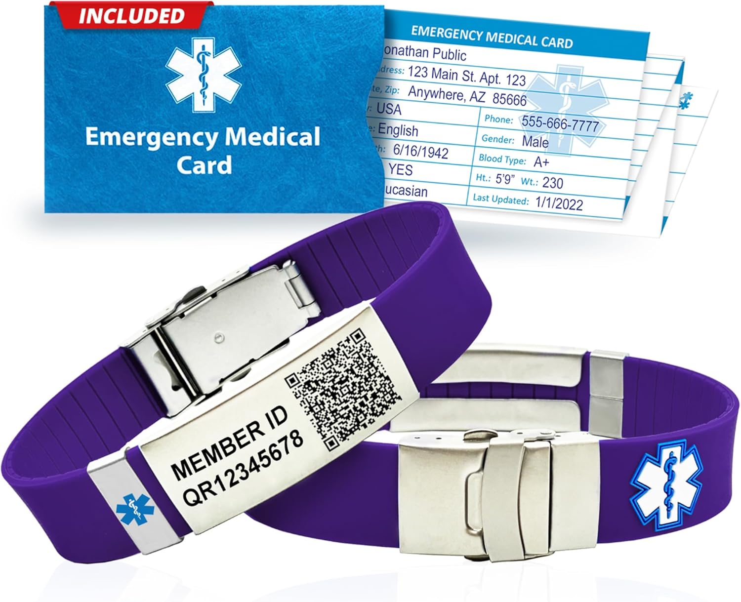 QR Code Medical Alert Bracelet for Men and Women – Customizable Waterproof Silicone Medical ID Wrist Band, Adjustable with Emergency Card & Lifetime Access to Personal Health Record (PHR) - Purple