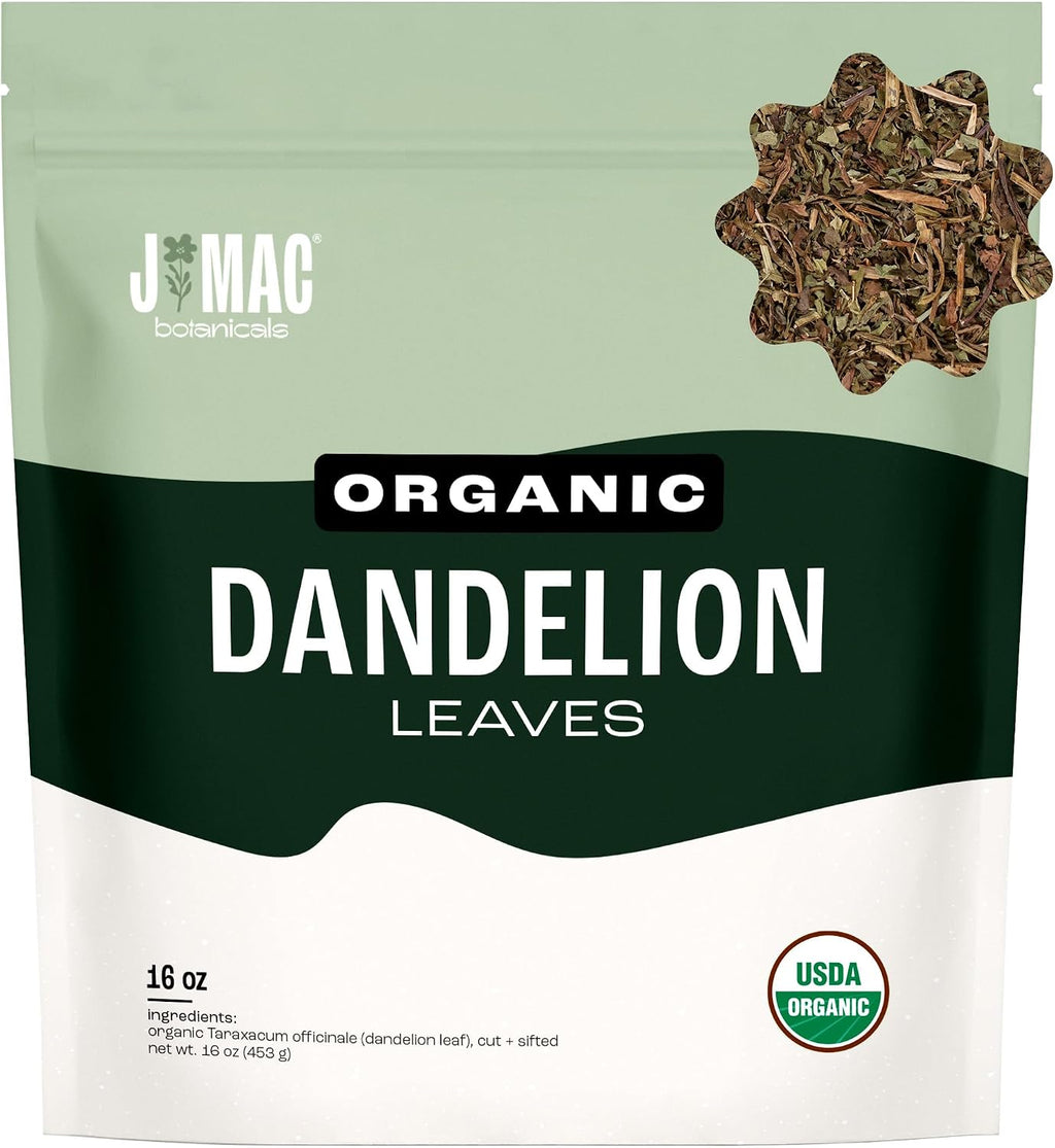 J Mac Botanicals, Organic Dandelion Leaves (16 oz bag) USDA Certified Organic Dandelion leaf tea, te diente de leon organico, Packaged in the USA, Cut and Sifted, No Caffeine, Fresh dried dandelion