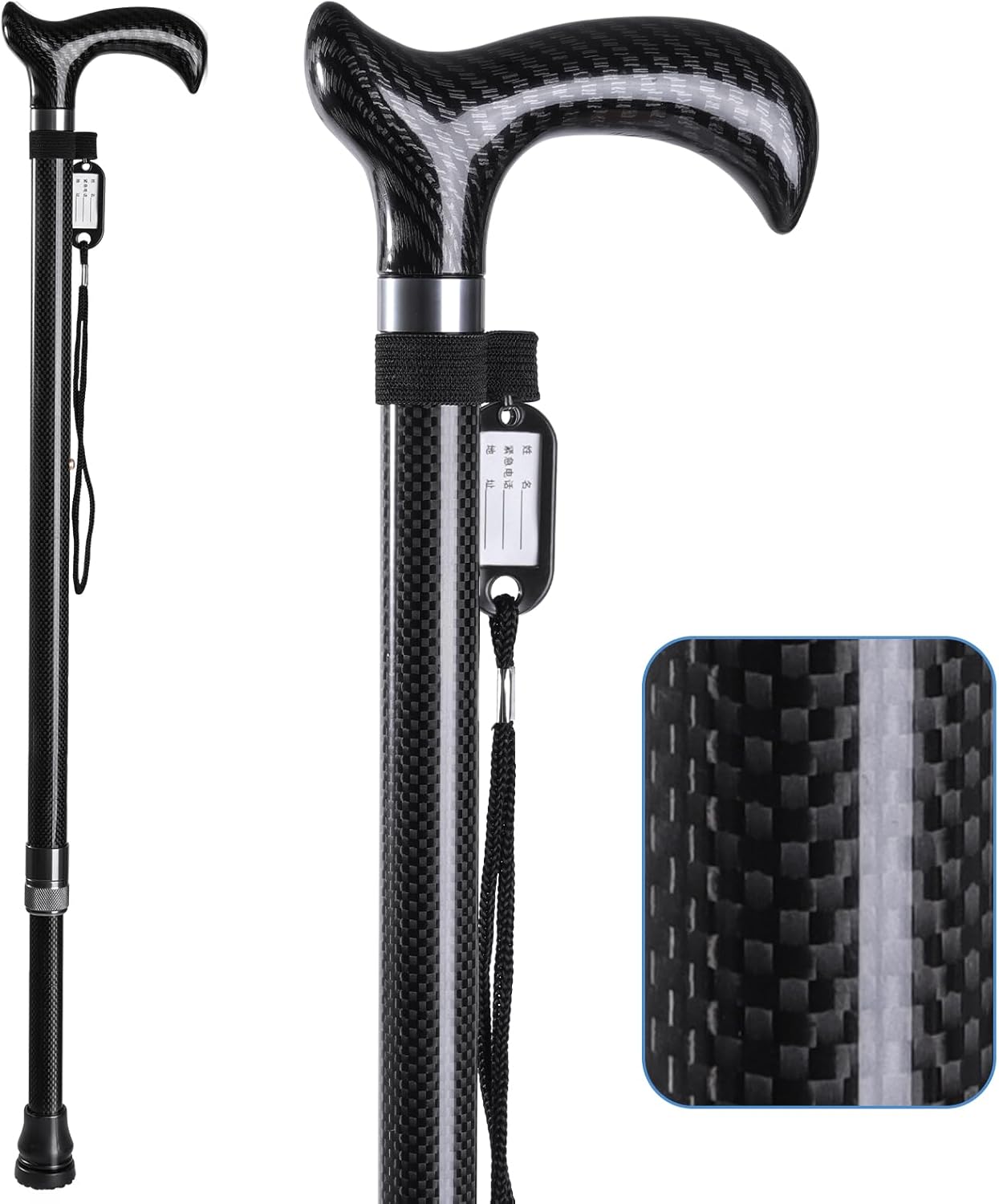Carbon Fiber Quad Base Walking Cane with Wooden Handle - Lightweight Mobility Aid for Seniors and Injury Recovery, Adjustable Height for Stability and Comfort