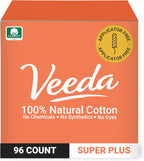 Veeda 100% Natural Cotton Compact Tampons Super Plus Absorbency - Non-Applicator Tampons with leak proof protection - Unscented, Chlorine & Toxin Free - 96 Count