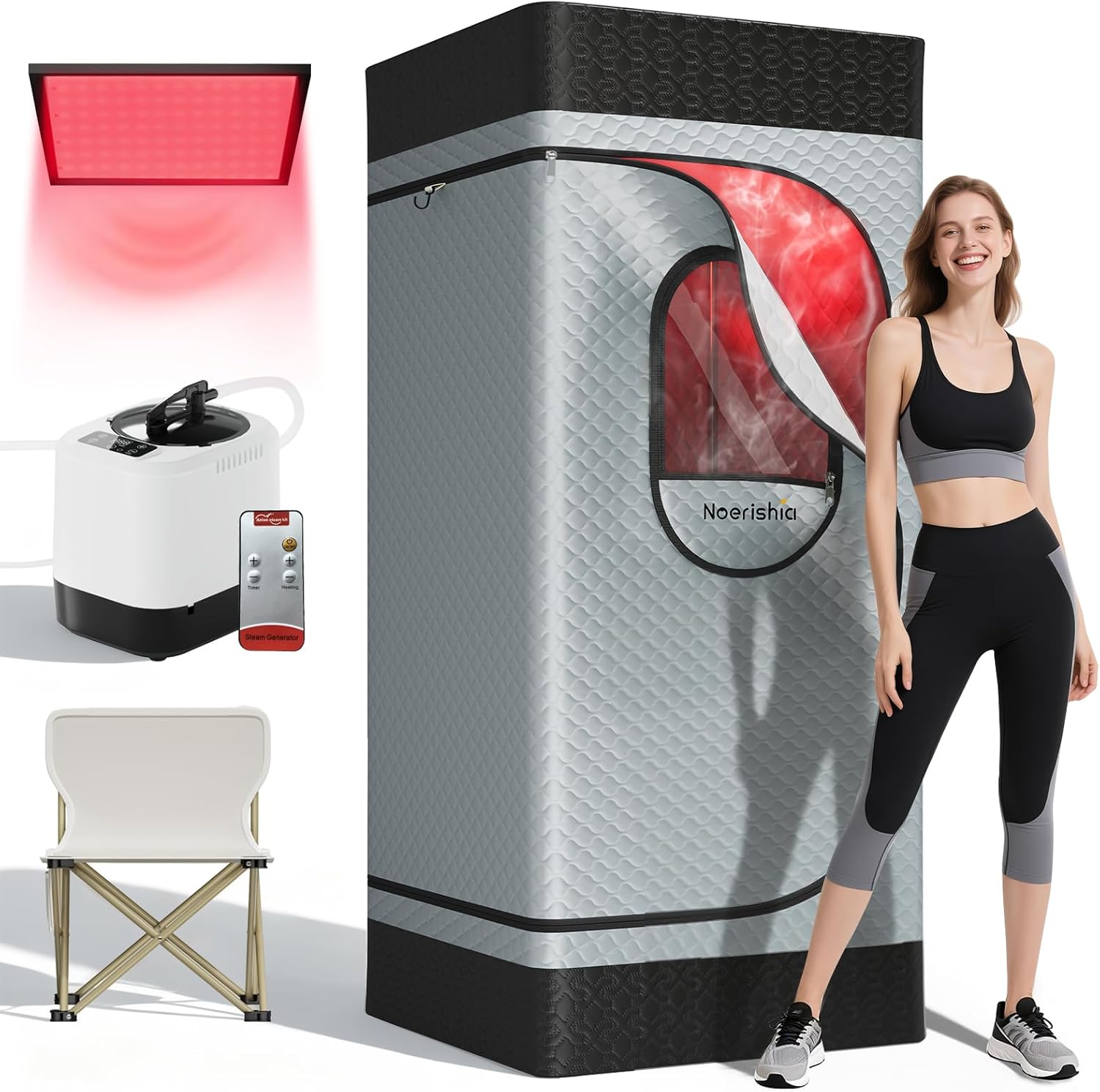 Portable Infrared Sauna Box for Home, Steam Sauna Tent with 660nm & 850nm Red Light Therapy, 3L 1200W Steamer, Oversized Folding Chair, 9 Heat Levels & 99-Min Timer for Home Spa Relaxation