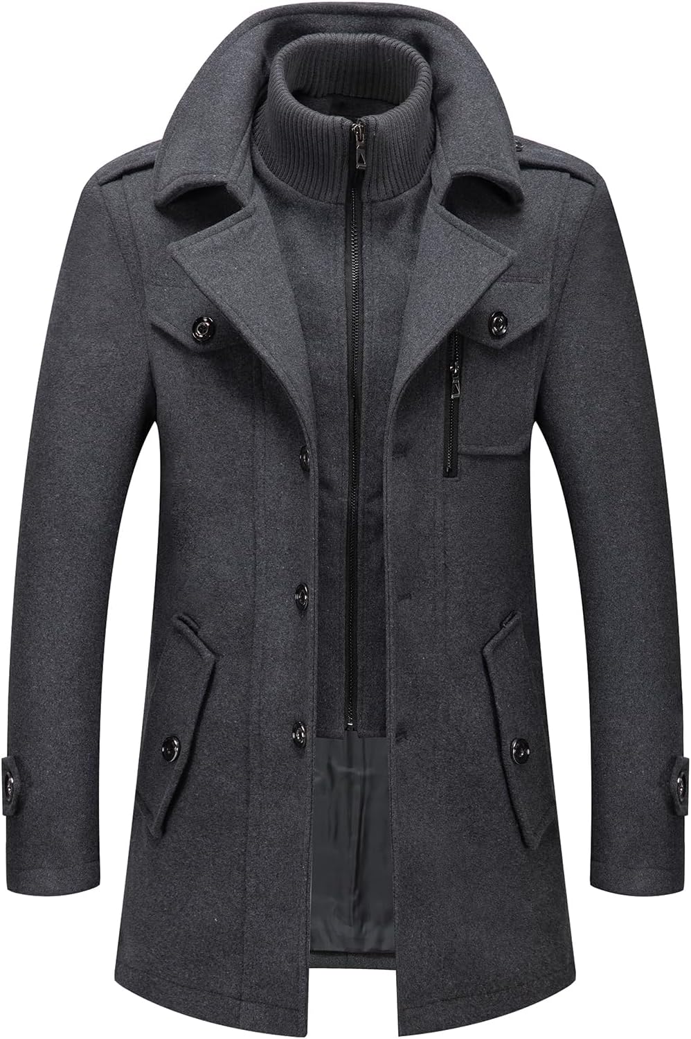 INVACHI Men's Wool Blend Coat Warm Winter Trench Coat with Detachable Soft Scarf Single Breasted Pea Coat