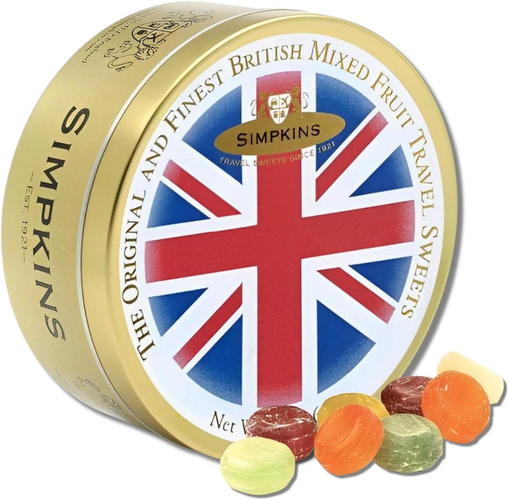 Simpkins Mixed Fruit Drops - Old-Fashioned and Original Travel Sweets in Union Jack Flag Tin - All Natural Fruit Hard Candy Drops - Assortment of Citrus and Forest Fruit Hard Candy in a Tin (6.1 oz)