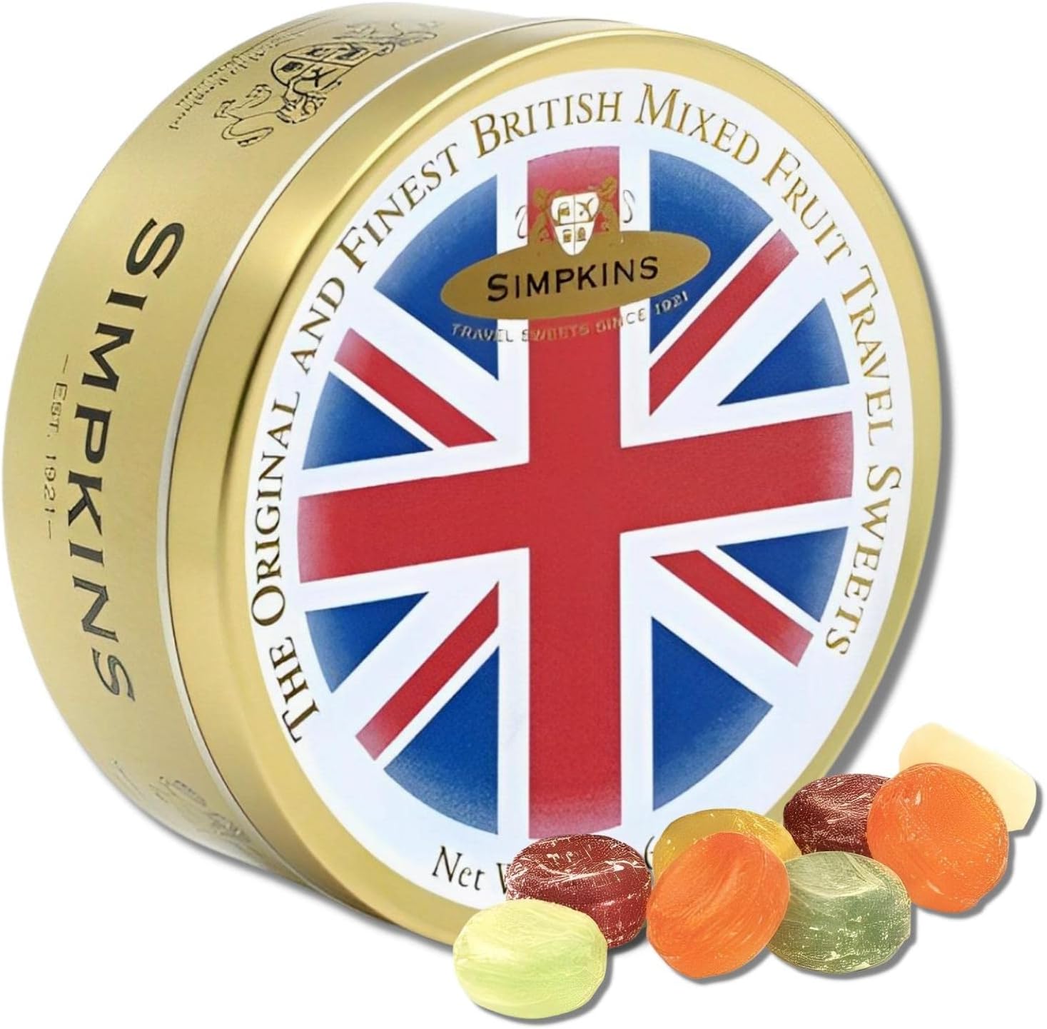 Simpkins Mixed Fruit Drops - Old-Fashioned and Original Travel Sweets in Union Jack Flag Tin - All Natural Fruit Hard Candy Drops - Assortment of Citrus and Forest Fruit Hard Candy in a Tin (6.1 oz)