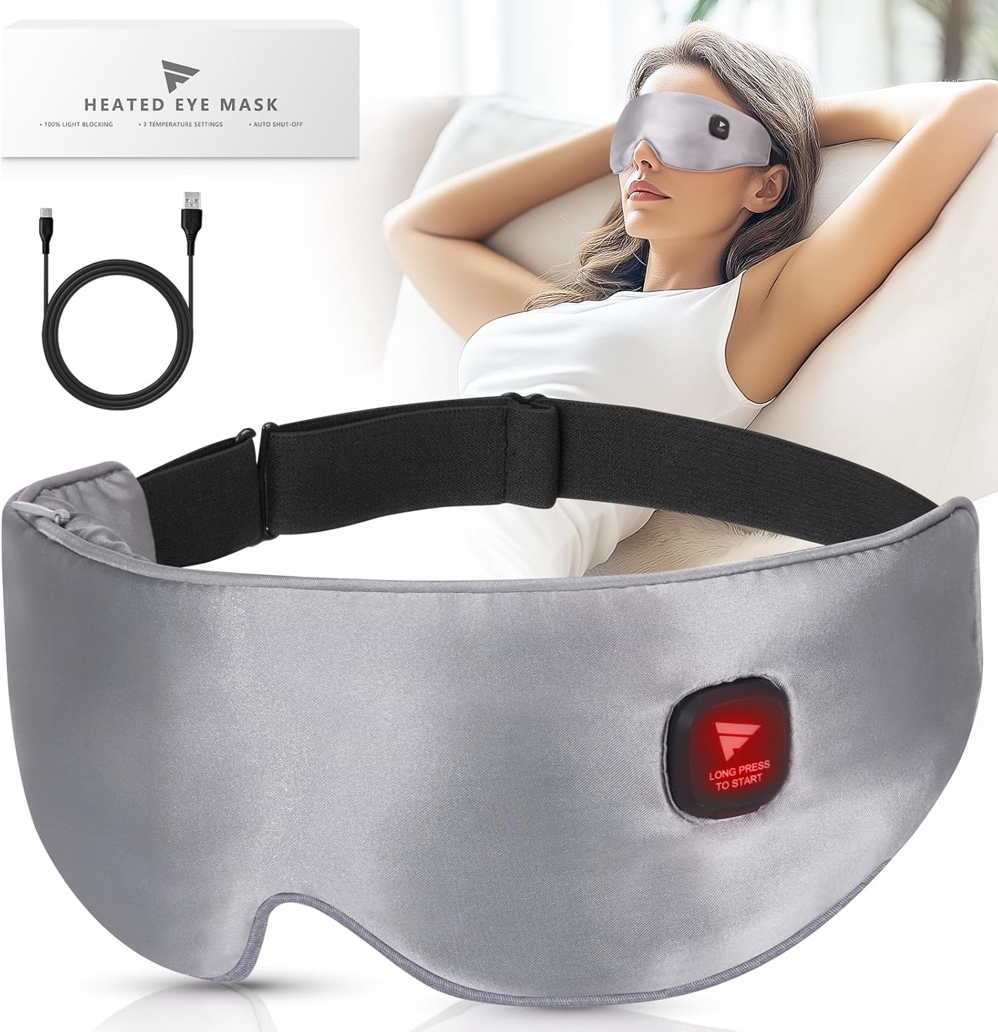 Heated Eye Mask Cordeless, Warm Compress for Eyes, Washable Heated Eye Masks for Dry Eyes, with 3 Temperature Modes & Auto Shut-Off for Sleep, Stye Blepharitis Chalazion MGD (Grey)
