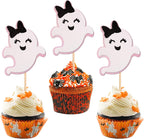 24 PCS Ghost Cupcake Toppers Pink and Black Glitter Bow Spooky Halloween Cupcake Picks for Halloween Ghost Theme Baby Shower Kids Birthday Party Cake Decorations Supplies