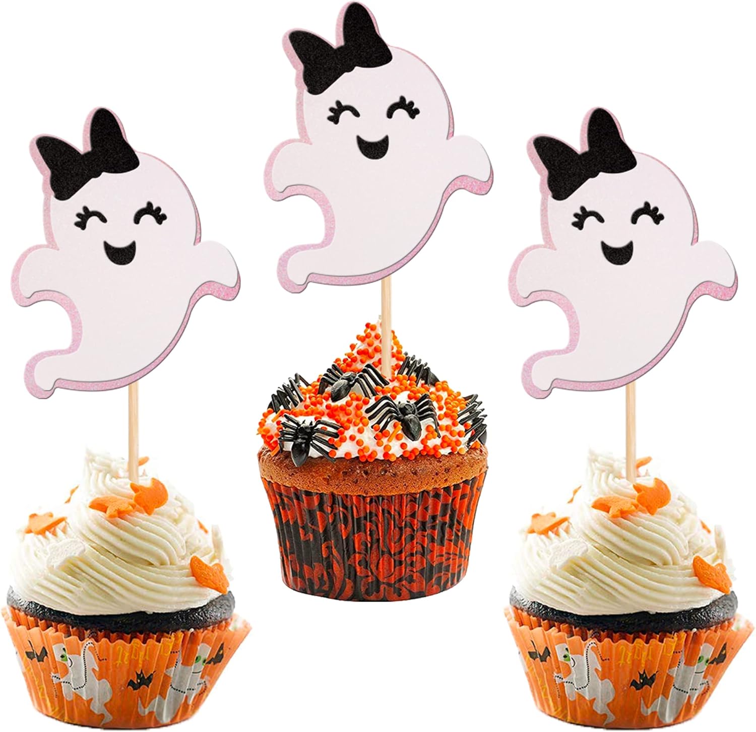 24 PCS Ghost Cupcake Toppers Pink and Black Glitter Bow Spooky Halloween Cupcake Picks for Halloween Ghost Theme Baby Shower Kids Birthday Party Cake Decorations Supplies