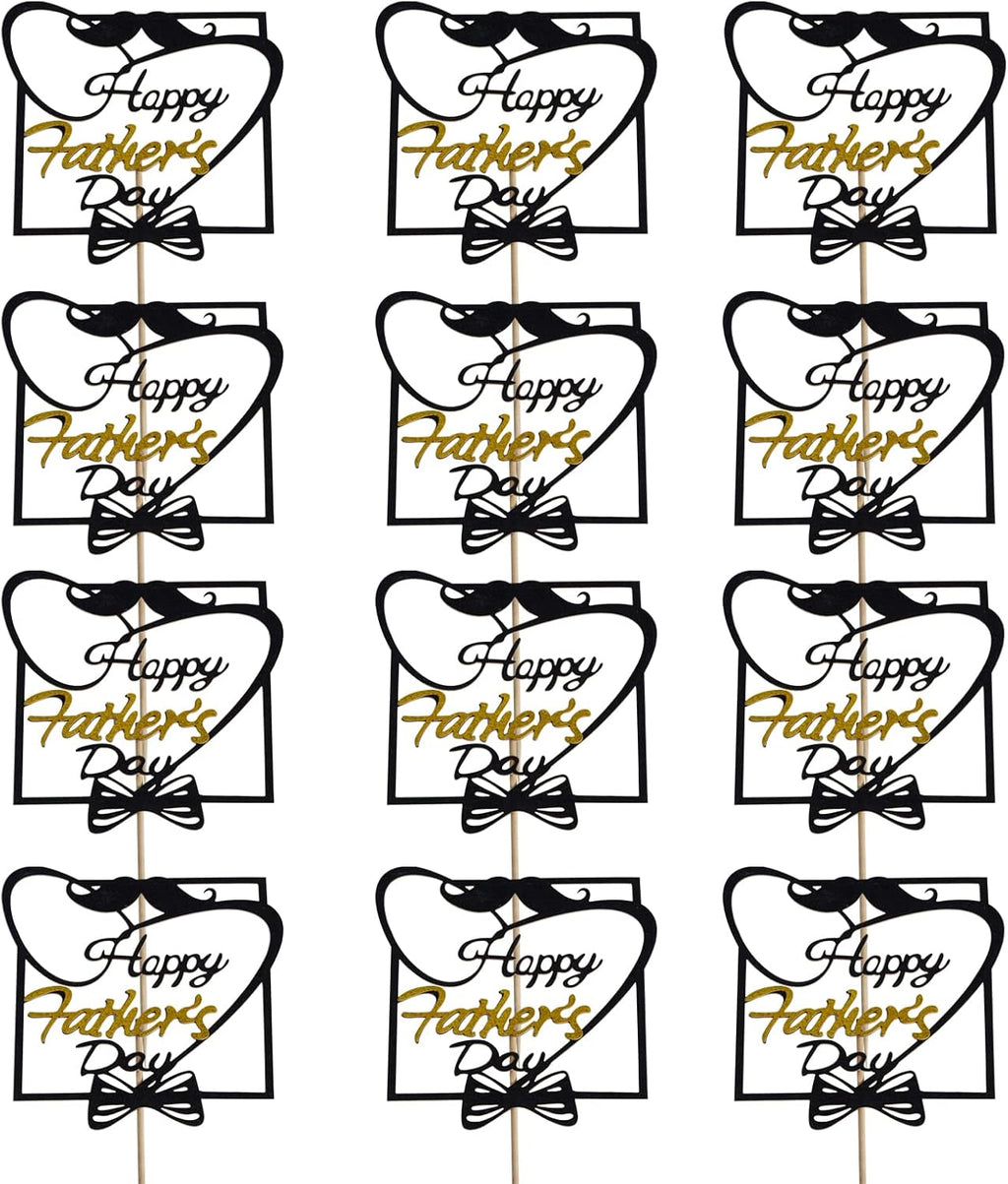 SUMERSHA 12 Pieces Happy Father's Day Cake Toppers Black Gold Cupcake Picks for Father's Day Birthday Cake Decoration Party Supplies