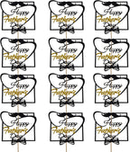 SUMERSHA 12 Pieces Happy Father's Day Cake Toppers Black Gold Cupcake Picks for Father's Day Birthday Cake Decoration Party Supplies