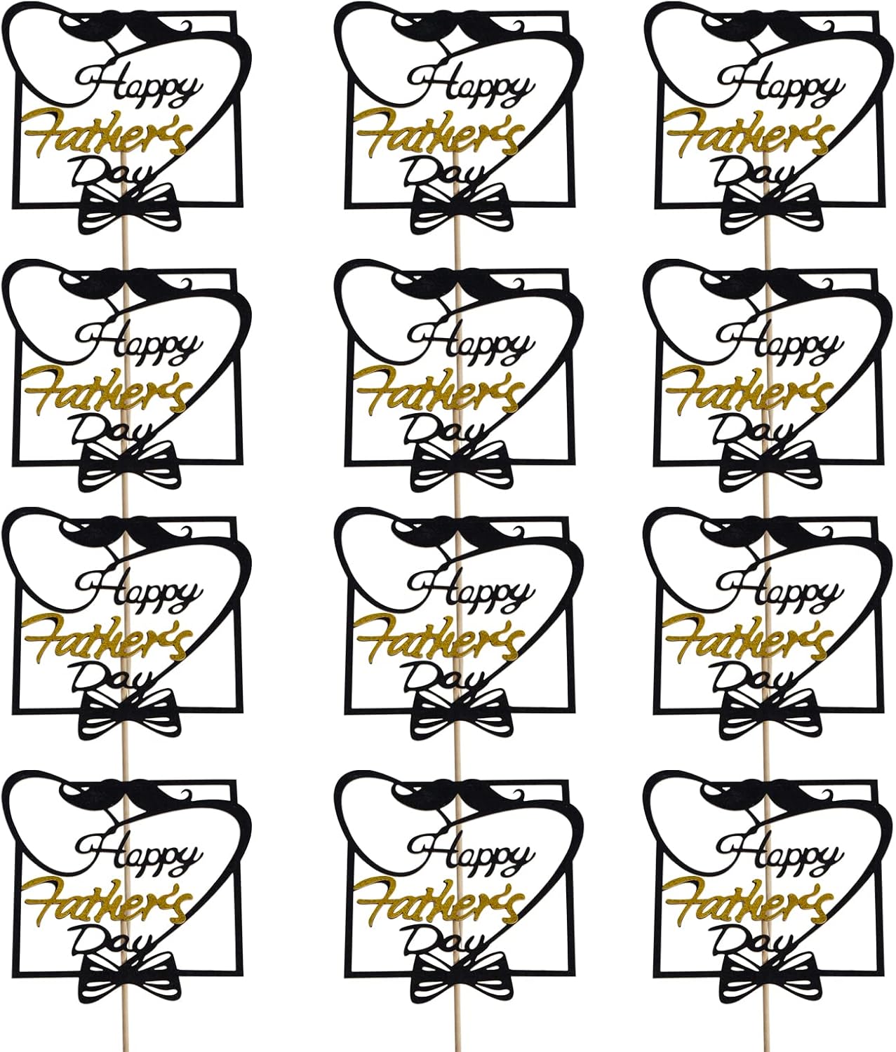 SUMERSHA 12 Pieces Happy Father's Day Cake Toppers Black Gold Cupcake Picks for Father's Day Birthday Cake Decoration Party Supplies