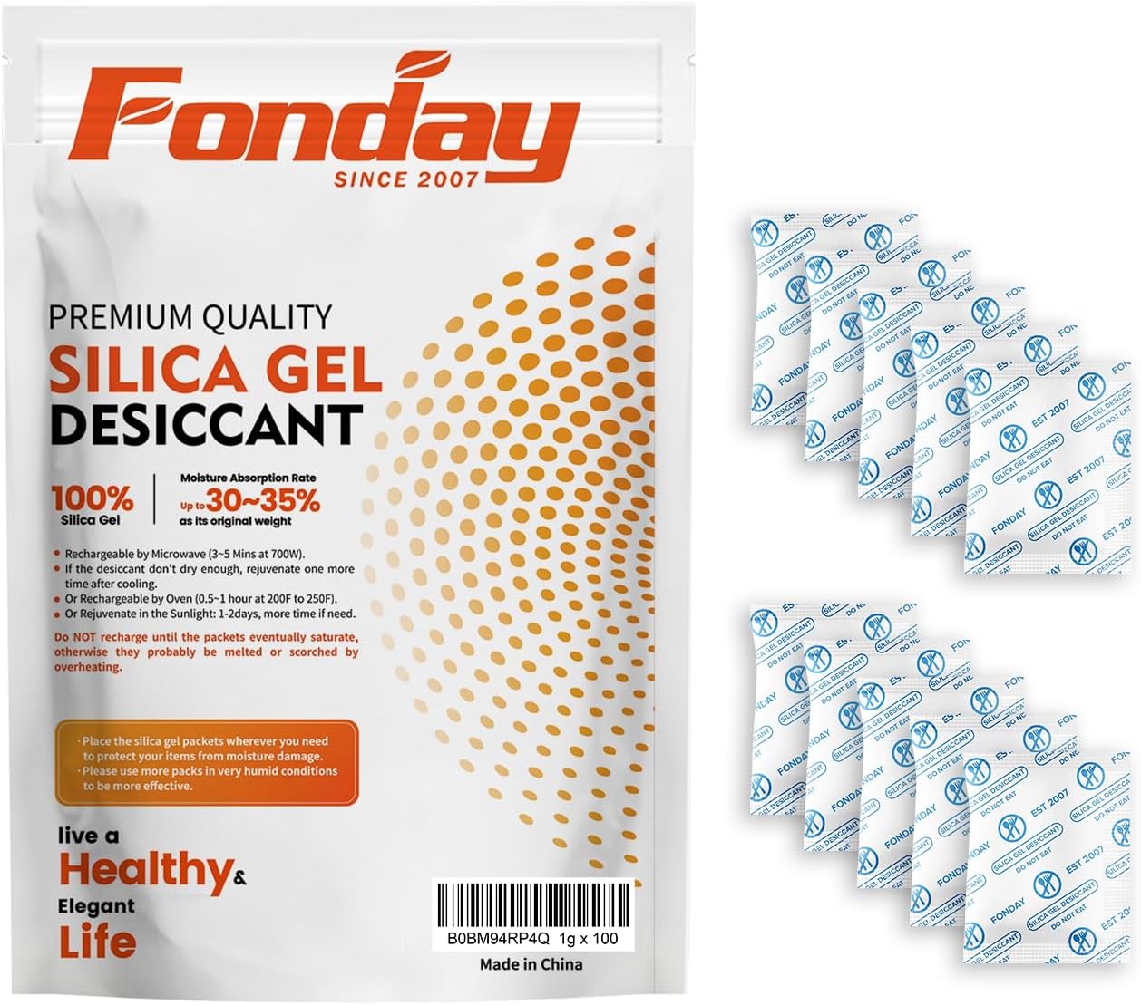1 Gram 100 Packets Fonday Food Grade Silica Gel Desiccants Packs Moisture Absorbers Dehumidifier