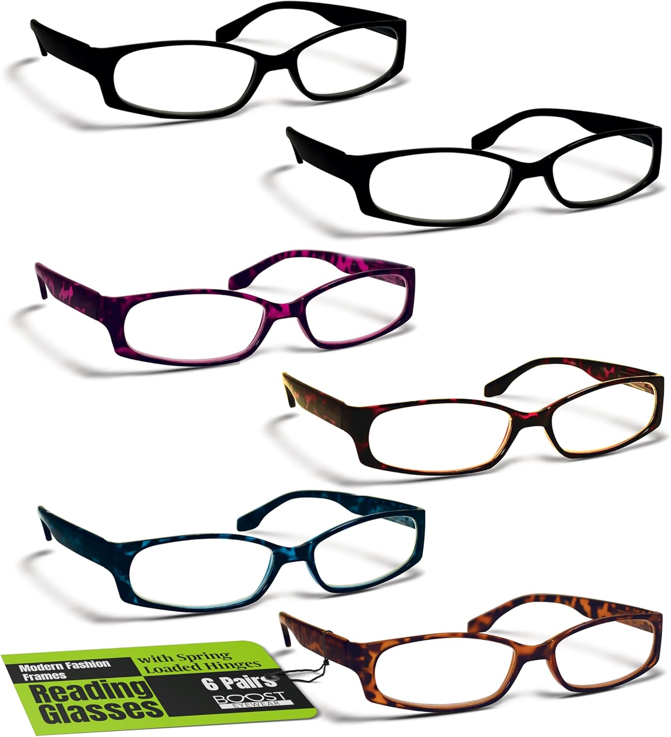 Boost Eyewear 6 Pack Reading Glasses, Modern Fashion Frames for Women and Men (Solid Black, and Blue, Red, Purple, Natural Tortoise Shell Patterns), Spring Loaded Hinges, Assorted, 6 Pairs (+1.00)