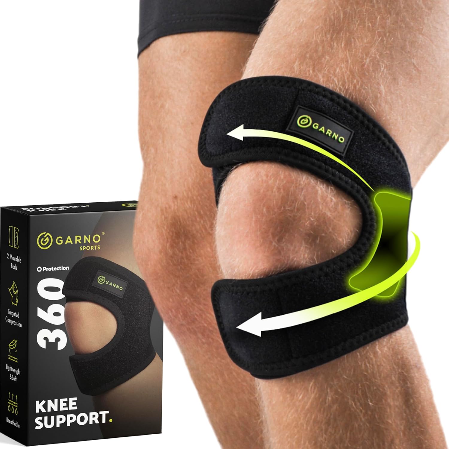 GARNO Knee Brace for Men and Women, Adjustable Neoprene Stabilizer for Meniscus Tear, Arthritis, Tendonitis, MCL, ACL, Pain Relief & Recovery, Tendon Support Strap for Running (Small/Medium Size)