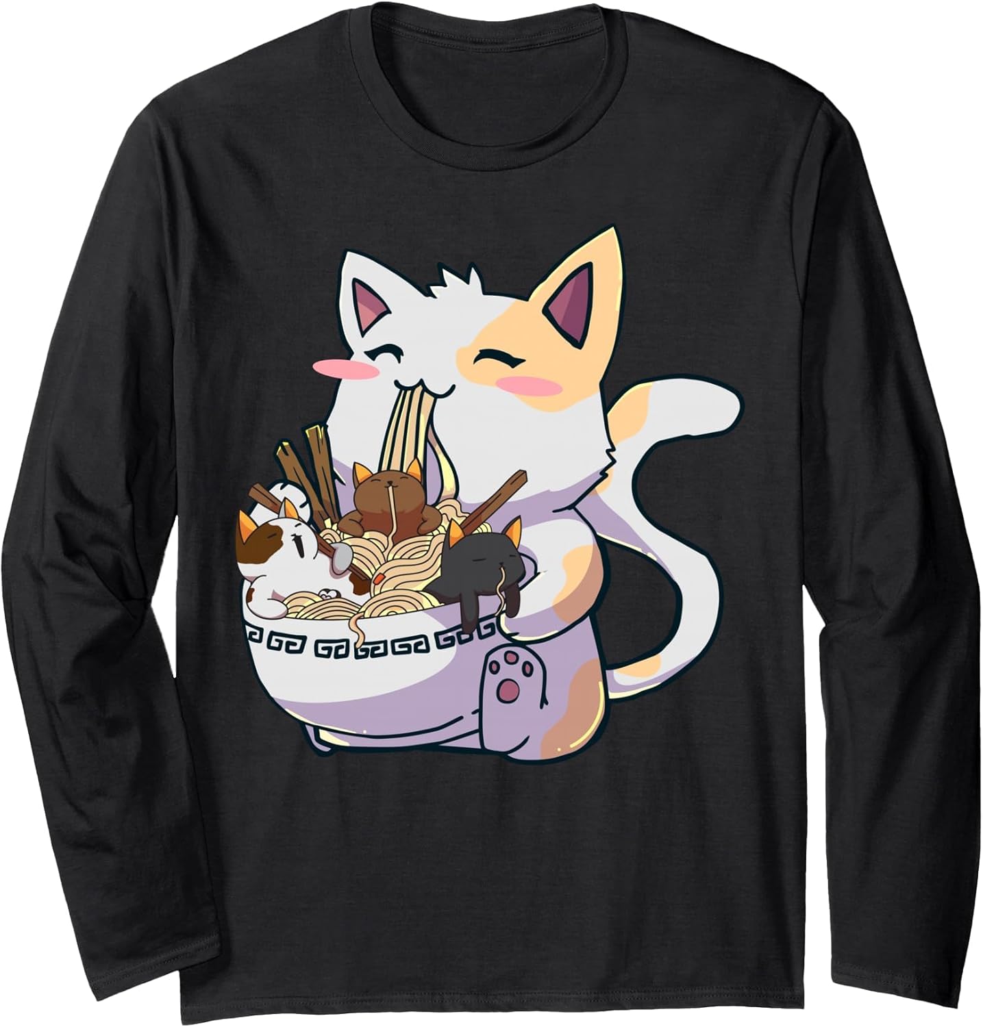 Kawaii Neko Cat Ramen Bowl Anime Japanese Noodles Long Sleeve T-Shirt