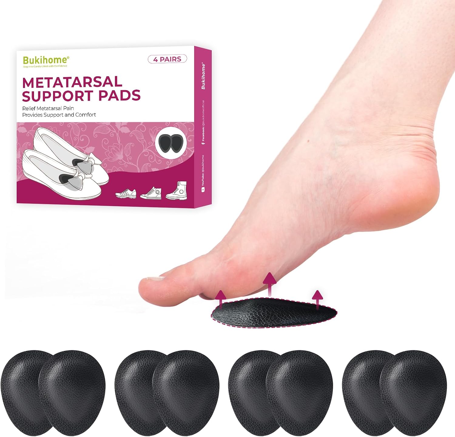 4-Pair Metatarsal Pads for Pain Relief - Bukihome Ball-of-Foot Cushions for Forefoot Support Fatigue Relief, 1/3" Thick Soft Ball-of-Foot Pads for Metatarsalgia Morton’s Neuroma, Men Women (S)