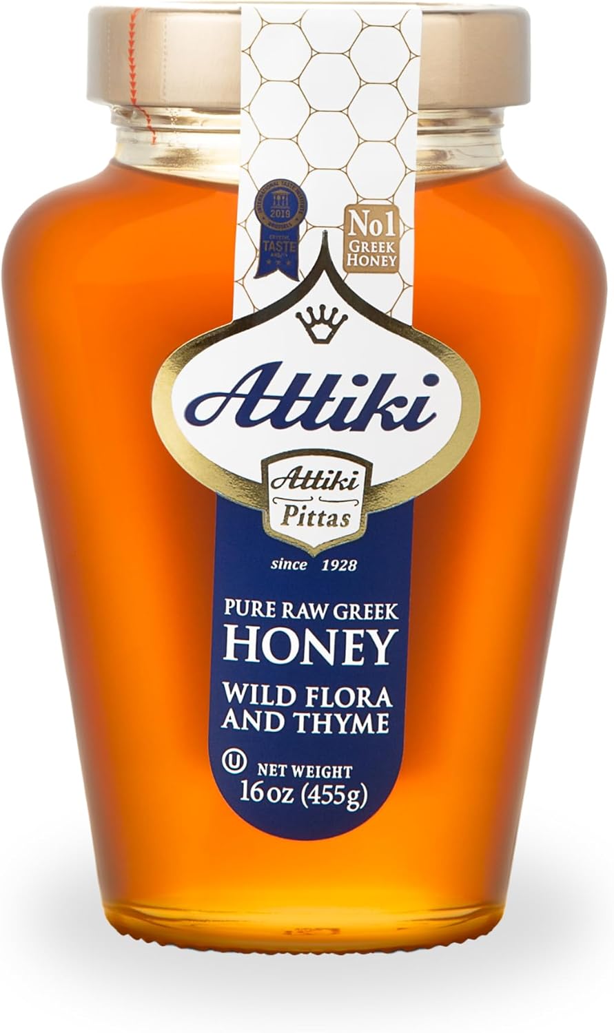 Attiki Pure Greek Honey with Wild Flora and Thyme, Perfect for Baking, Cooking, Lemonade and Tea, 16 oz (453 grams), Glass Jar