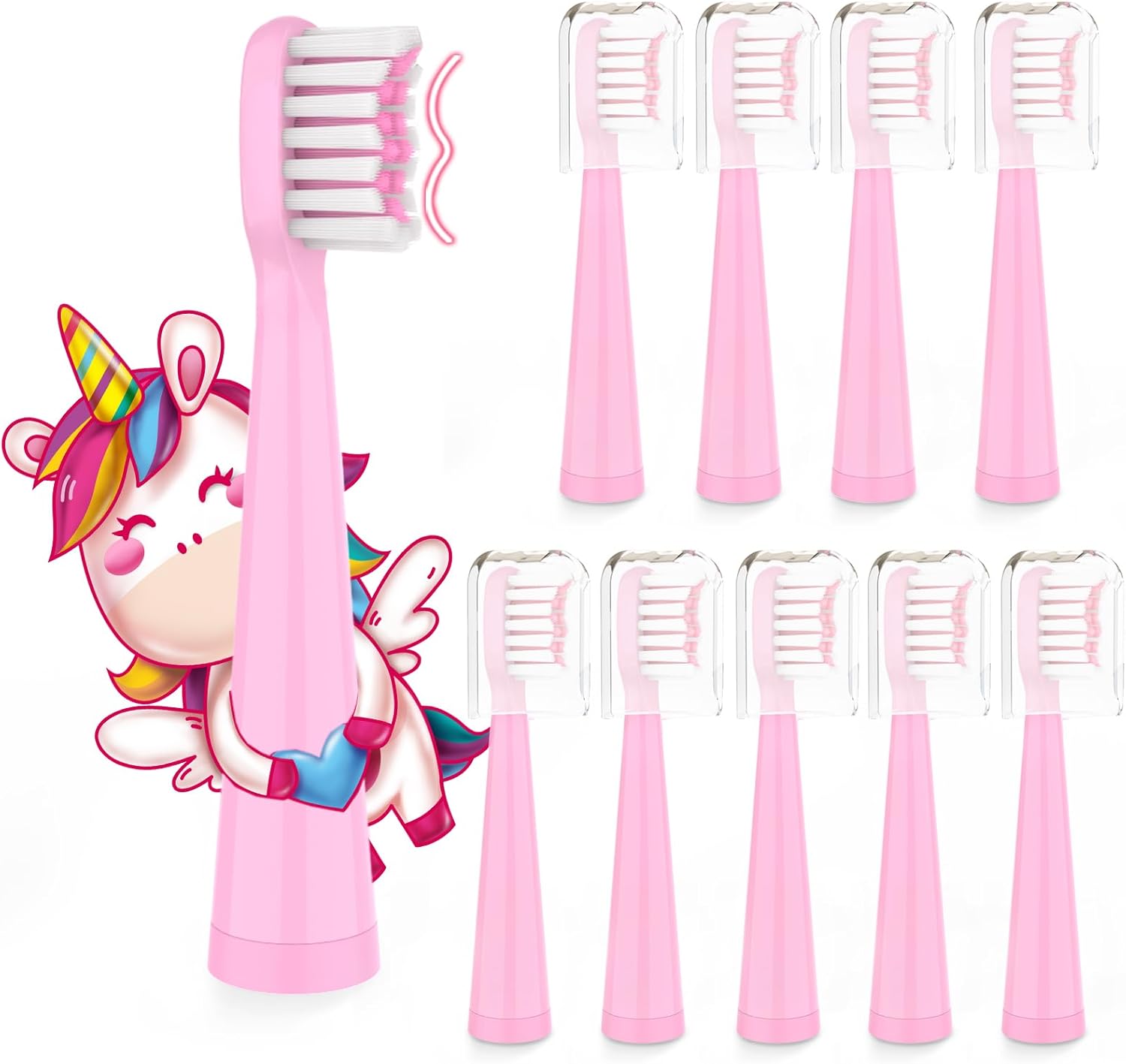 Vekkia Rainbow Jada Kids Electric Toothbrush Replacement Heads, Soft 3D Curved Bristles, Pink, 10-Pack