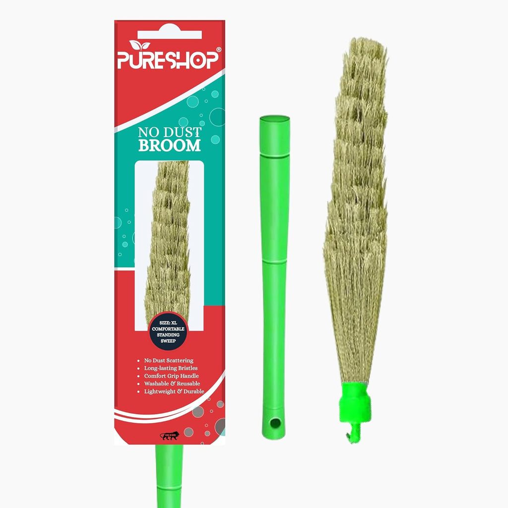 No Dust Broom, XL Size, Indian Style Jhadu, Washable Fiber, Comfort Grip Handle, Long-Lasting Bristles for Home Floor Cleaning