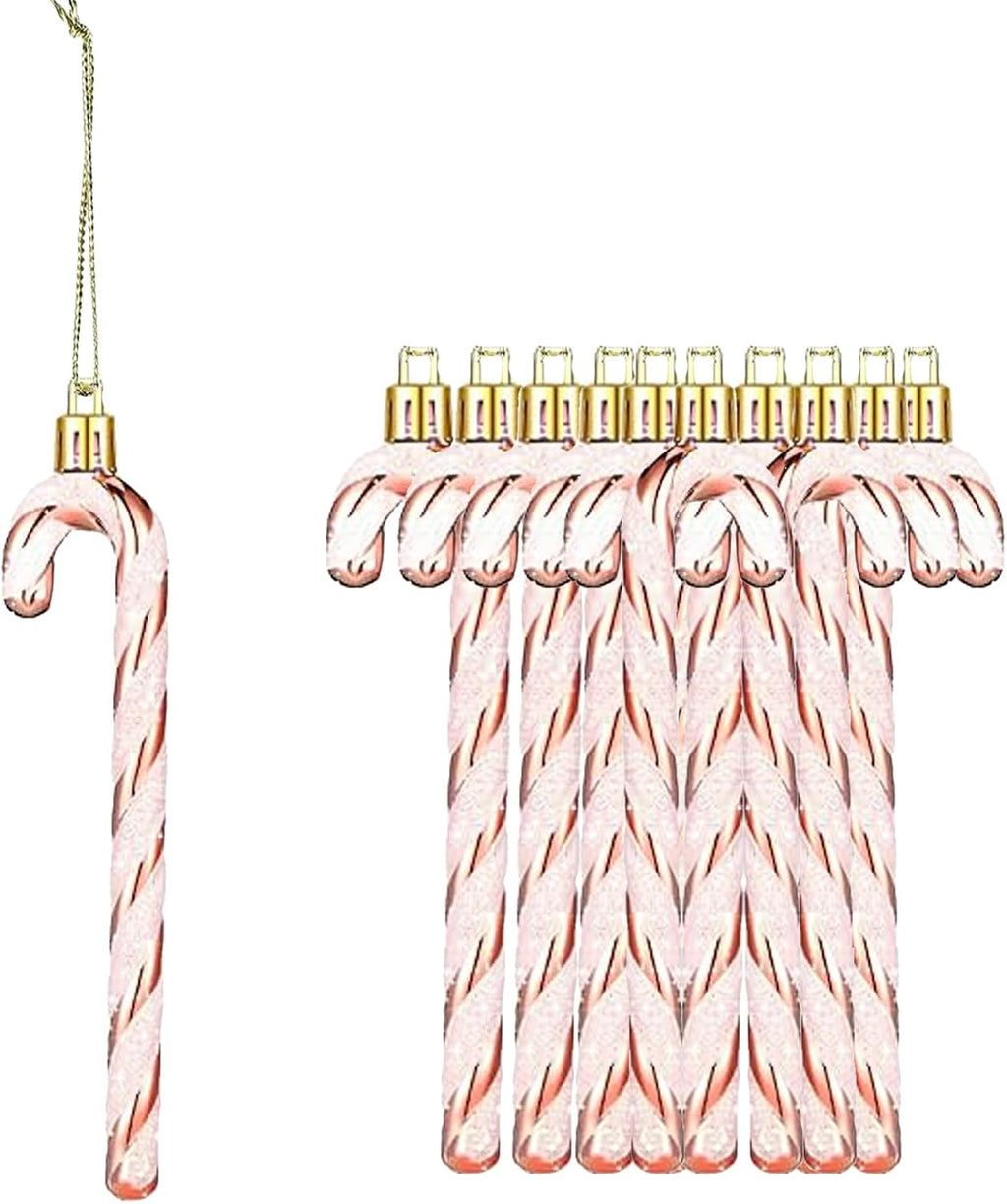 12Pcs Glitter Candy Cane Christmas Tree Decorations Christmas Plastic Candy Cane Tree Hanging Ornament for Holiday Party Decoration Favor (Rose Gold)