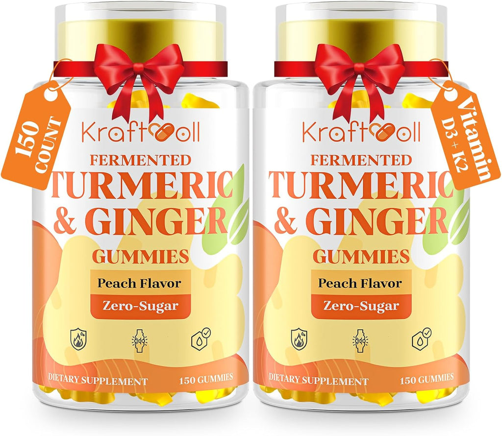 Turmeric Curcumin with Ginger Gummies, Vegan Formula with Fermented Turmeric & Black Pepper, Joint Comfort & Mobility, Sugar-Free with Vitamin D3 + K2, Natural Peach Flavor – 150 Gummies (2 Bottles)