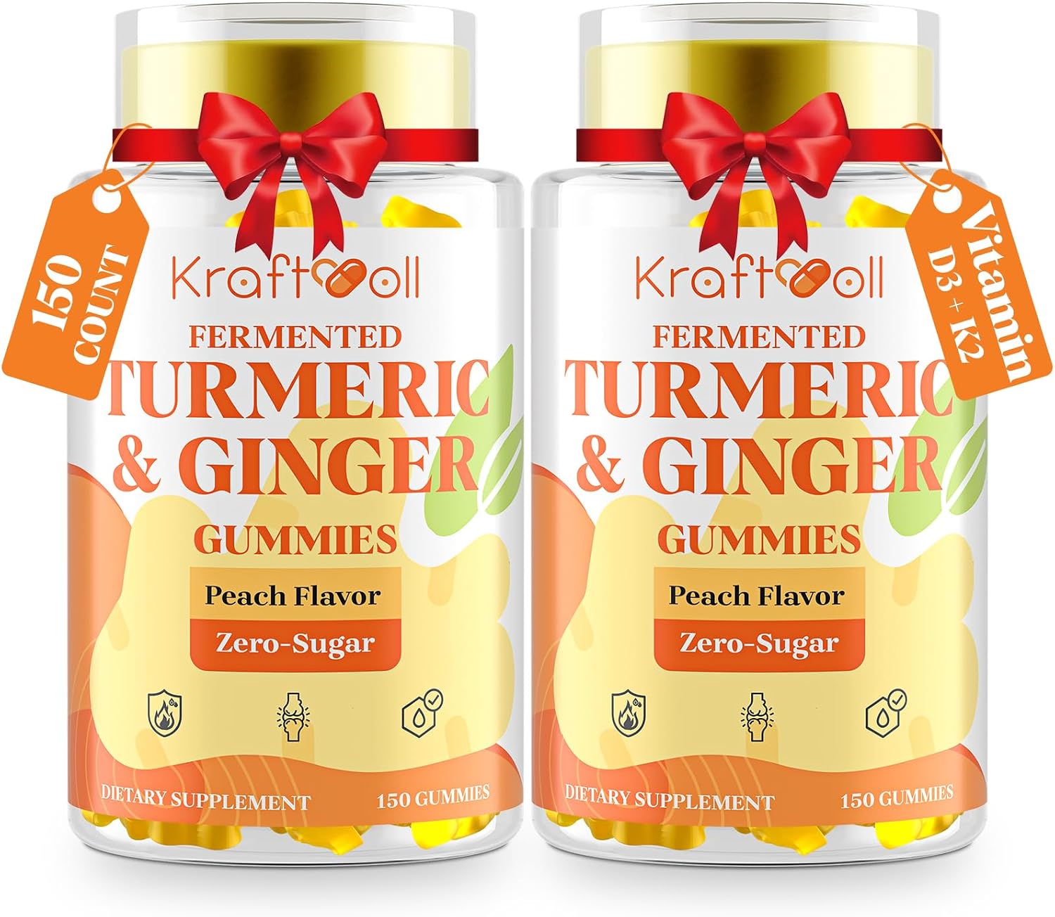 Turmeric Curcumin with Ginger Gummies, Vegan Formula with Fermented Turmeric & Black Pepper, Joint Comfort & Mobility, Sugar-Free with Vitamin D3 + K2, Natural Peach Flavor – 150 Gummies (2 Bottles)