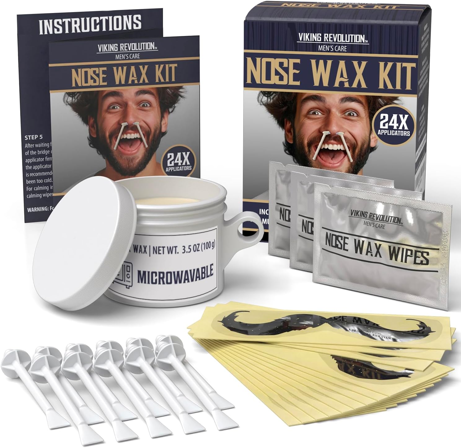 Viking Revolution Nose Hair Waxing Kit for Men - Quick Kit Men with 24 Wax Sticks - Nose Hair Wax Kit Includes Mustache Sticker Guard and Post-Wax Calming Wipes with Aloe Vera (3.5 oz)