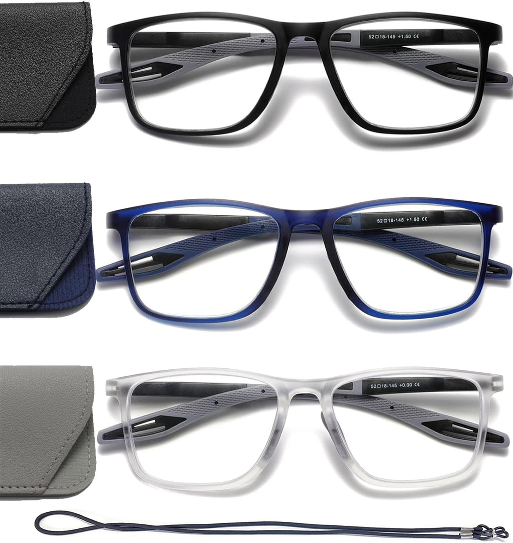 Hubeye TR90 Sports Reading Glasses for Men and Women Ultralight Flexible Anti-Blue Light Readers（Matte black+Matte clear+Matte blue，+2.0）