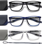 Hubeye TR90 Sports Reading Glasses for Men and Women Ultralight Flexible Anti-Blue Light Readers（Matte black+Matte clear+Matte blue，+2.0）