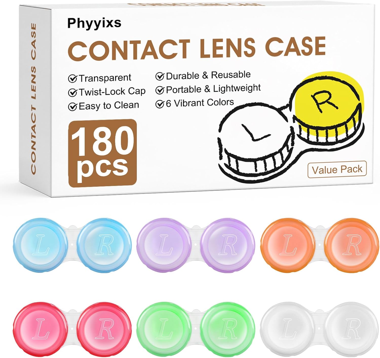 180 Pack Contact Lens Cases Bulk, Transparent Cute Contact Lens Case for Home & Travel, 6 Color (180)