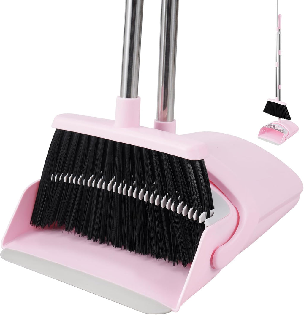 BSKLIN Broom and Dustpan Set House Brooms for Sweeping Indoor Collapsible Broom and Dust Pan Combo for Home Office Kitchen Lobby Floor Pet Hair (Pink)