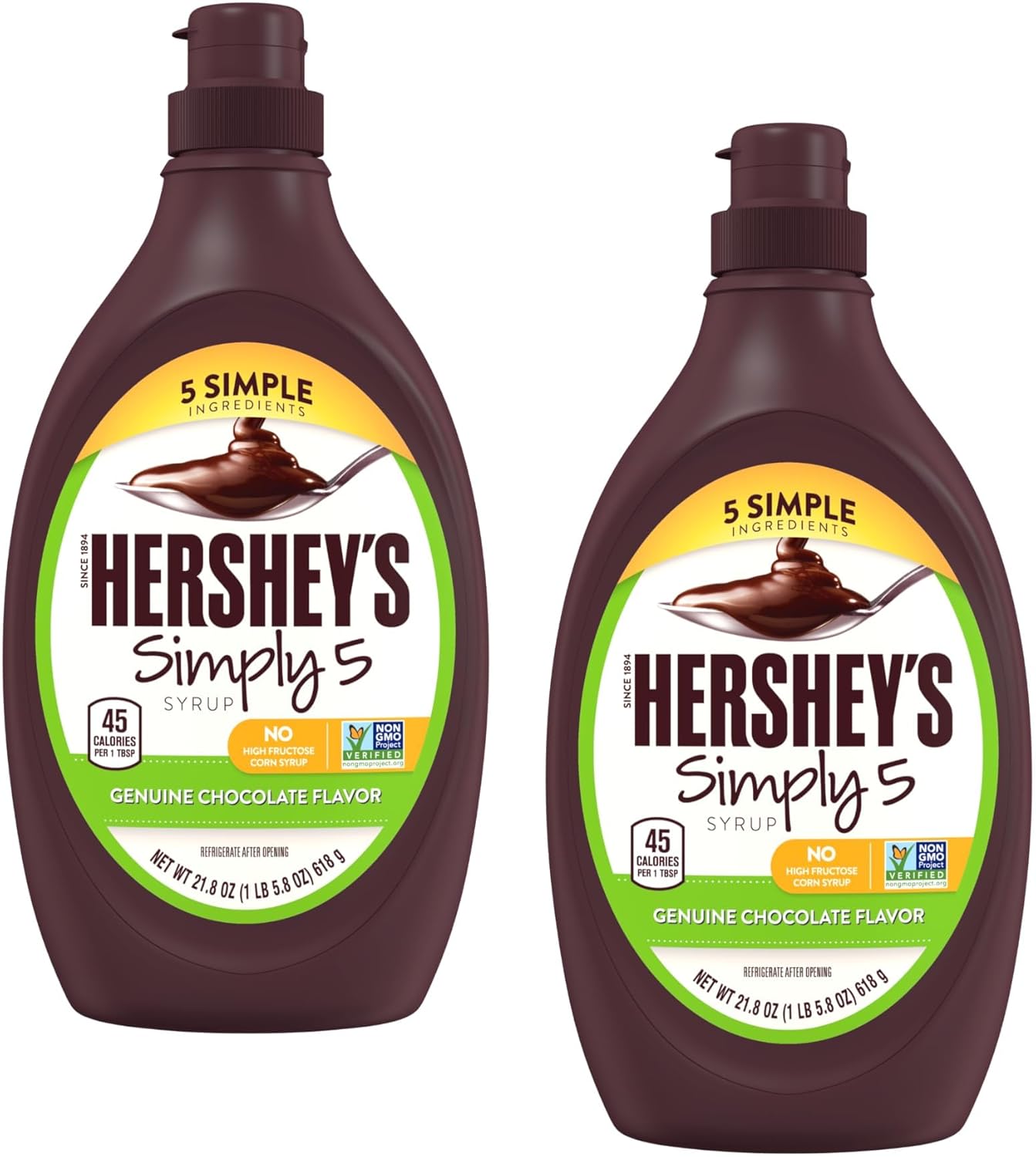 Hershey Simply 5 Chocolate Syrup - Pack of 2 - Only 5 Ingredients - Genuine Chocolate Flavor - No High Fructose Corn Syrup - Stock Up Today