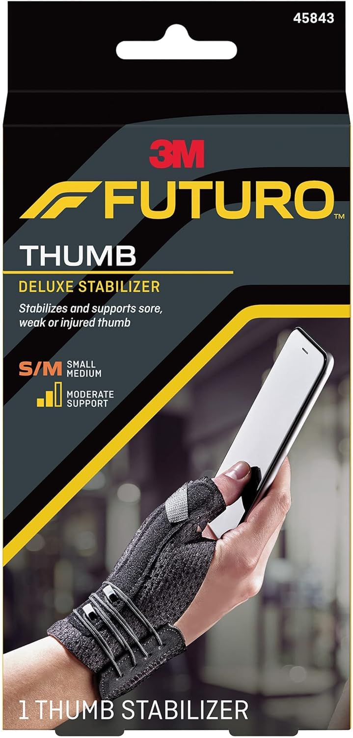 Futuro Deluxe Thumb Stabilizer, Left or Right Hand, Small/Medium Size, Adjustable, Stabilizes and Supports Sore, Weak or Injured Thumb, Soft and Breathable Materials Enhance Comfort, 1 Piece