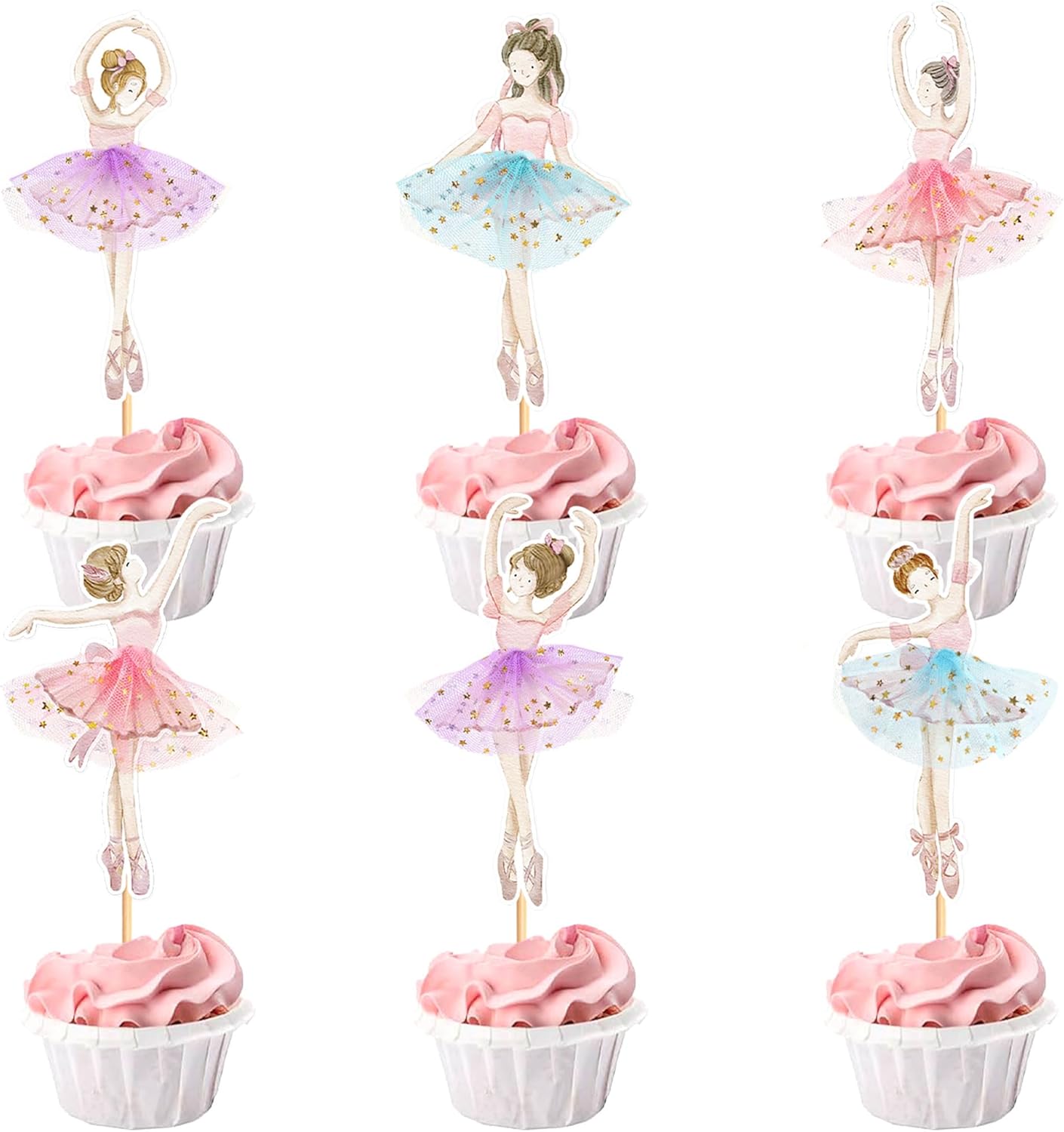 24PCS Ballerina Cupcake Topper Kit, Ballet Tutu Dancer with Slipper Picks for Little Girls Birthday, Baby Shower, Wedding Party Decorations（Colour）