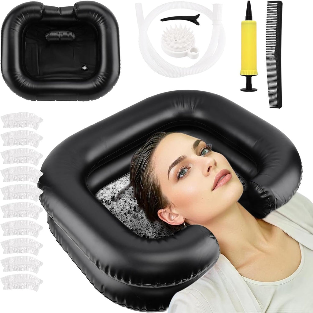 Inflatable Shampoo Basin, Portable Wash Hair in Bed with Inflatable Shampoo Bowl Include Massage Comb1*Pump 20*Ear Muffs for Bedridden Disabled Injured Elderly(Color:Black)